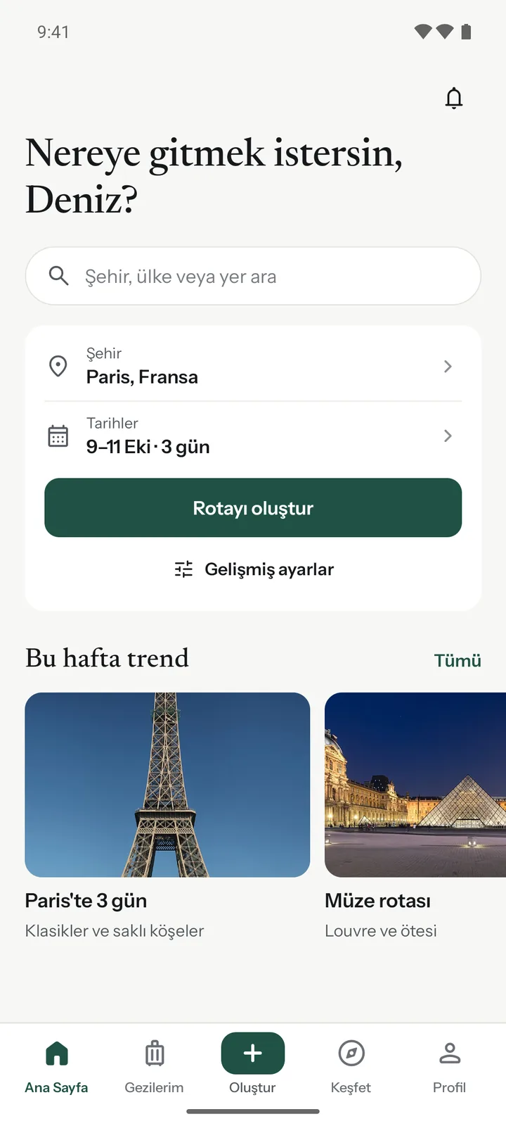 Ana sayfada Paris ve tarihler seçili